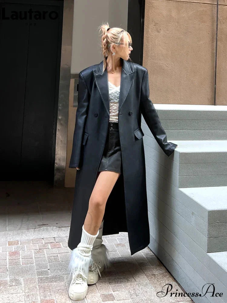 Extra Long Black Loose Pu Leather Shoulder Pads Double Breasted Faux Leather Blazer Stylish Coat