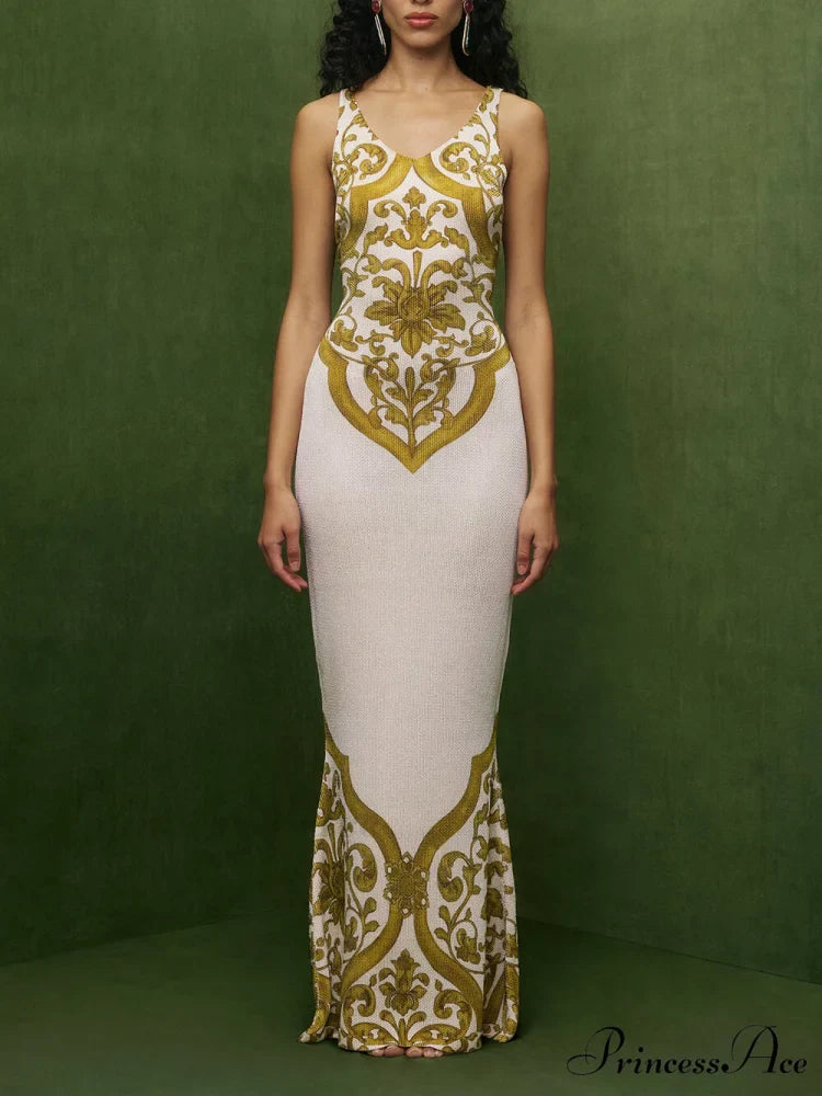 Extraordinary Elegance Symmetrical Unique Graceful Print Stretch Fishtail Maxi Dress