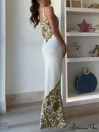 Extraordinary Elegance Symmetrical Unique Graceful Print Stretch Fishtail Maxi Dress