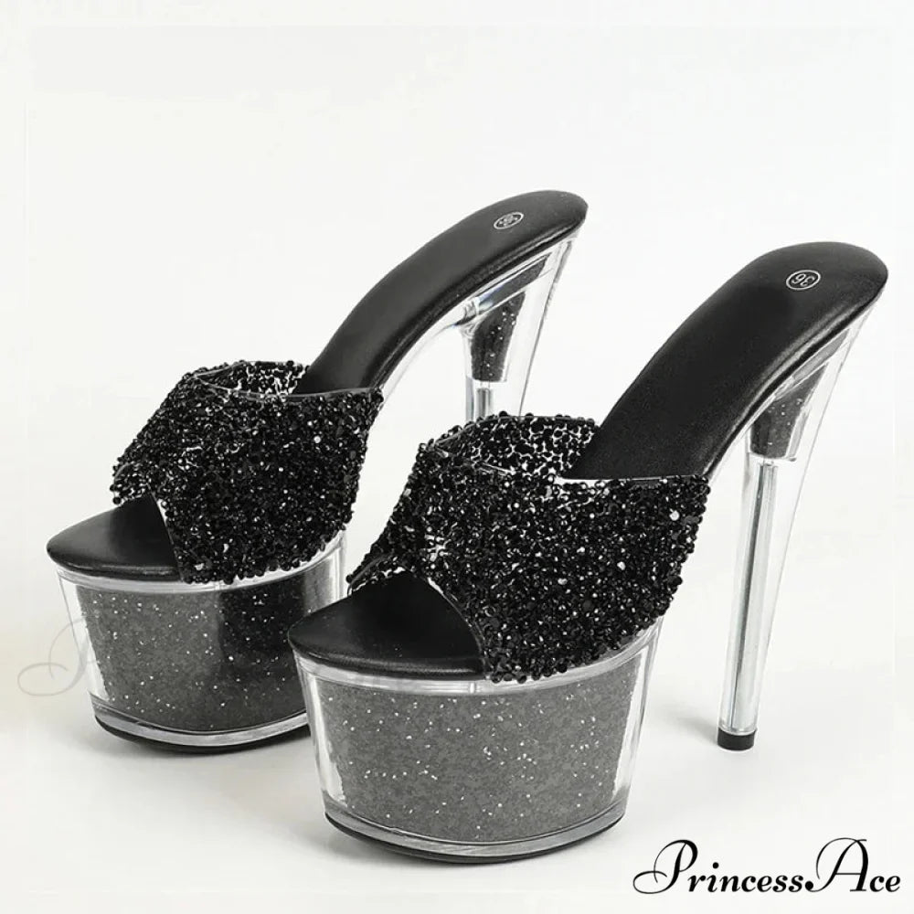 Extreme 17CM Pole-Dance Sequined Transparent Platform Peep-Toe Sexy Slipper Stripper High Heel