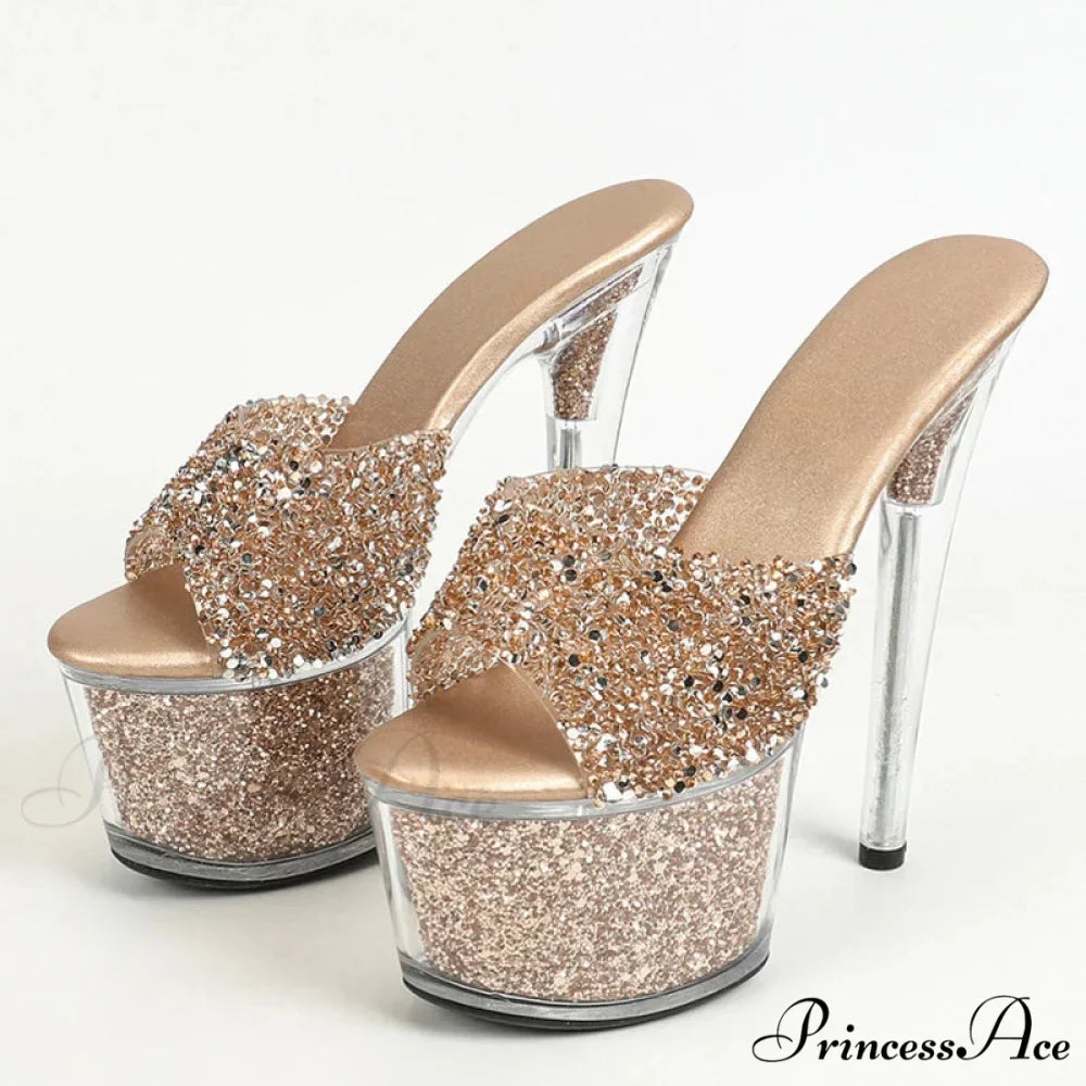 Extreme 17CM Pole-Dance Sequined Transparent Platform Peep-Toe Sexy Slipper Stripper High Heel