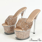 Extreme 17CM Pole-Dance Sequined Transparent Platform Peep-Toe Sexy Slipper Stripper High Heel