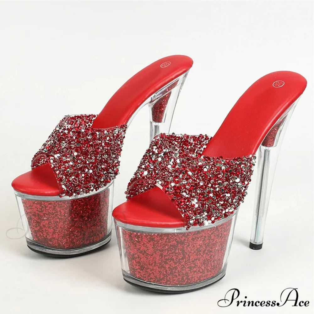 Extreme 17CM Pole-Dance Sequined Transparent Platform Peep-Toe Sexy Slipper Stripper High Heel