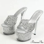 Extreme 17CM Pole-Dance Sequined Transparent Platform Peep-Toe Sexy Slipper Stripper High Heel