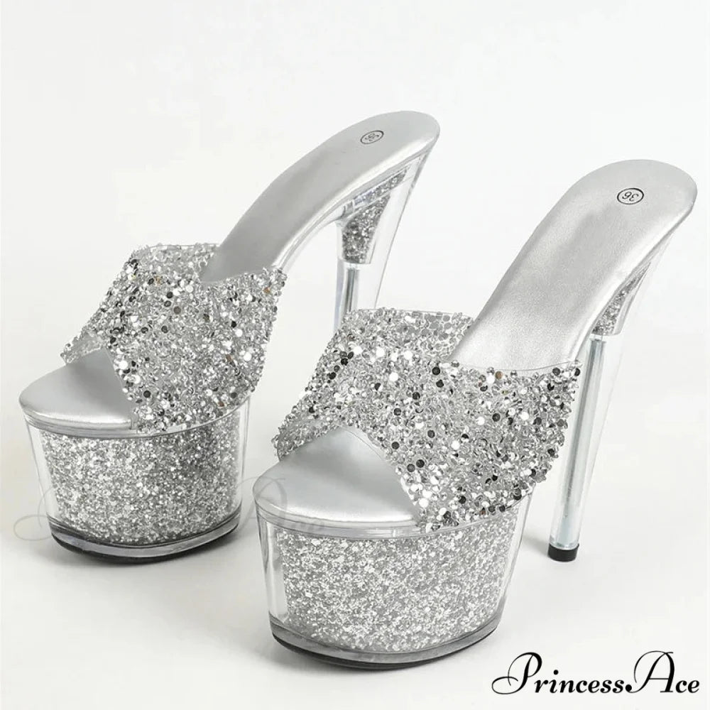 Extreme 17CM Pole-Dance Sequined Transparent Platform Peep-Toe Sexy Slipper Stripper High Heel