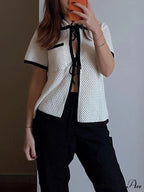 Eyelet Contrast Graceful Trim Tie-Front Cardigan