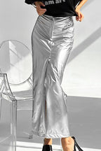 Silver High-Waisted Slit Bodycon Skirt