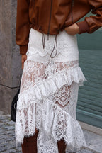 Lace Ruffled Asymmetrical Midi Skirt