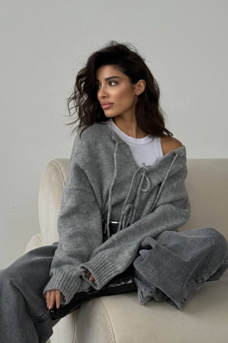 Solid Color Bow Tie Long Sleeve Knit Cardigan