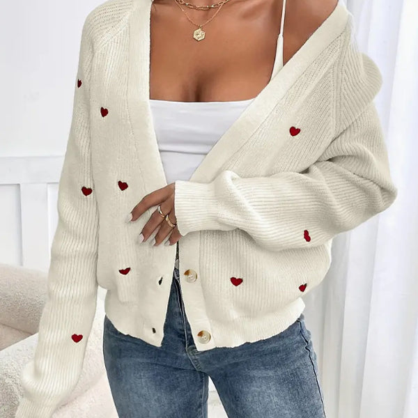 Heart Embroidery V-Neck Knit Cardigan