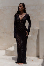 Sheer Knit Turtleneck Maxi Boho Dress