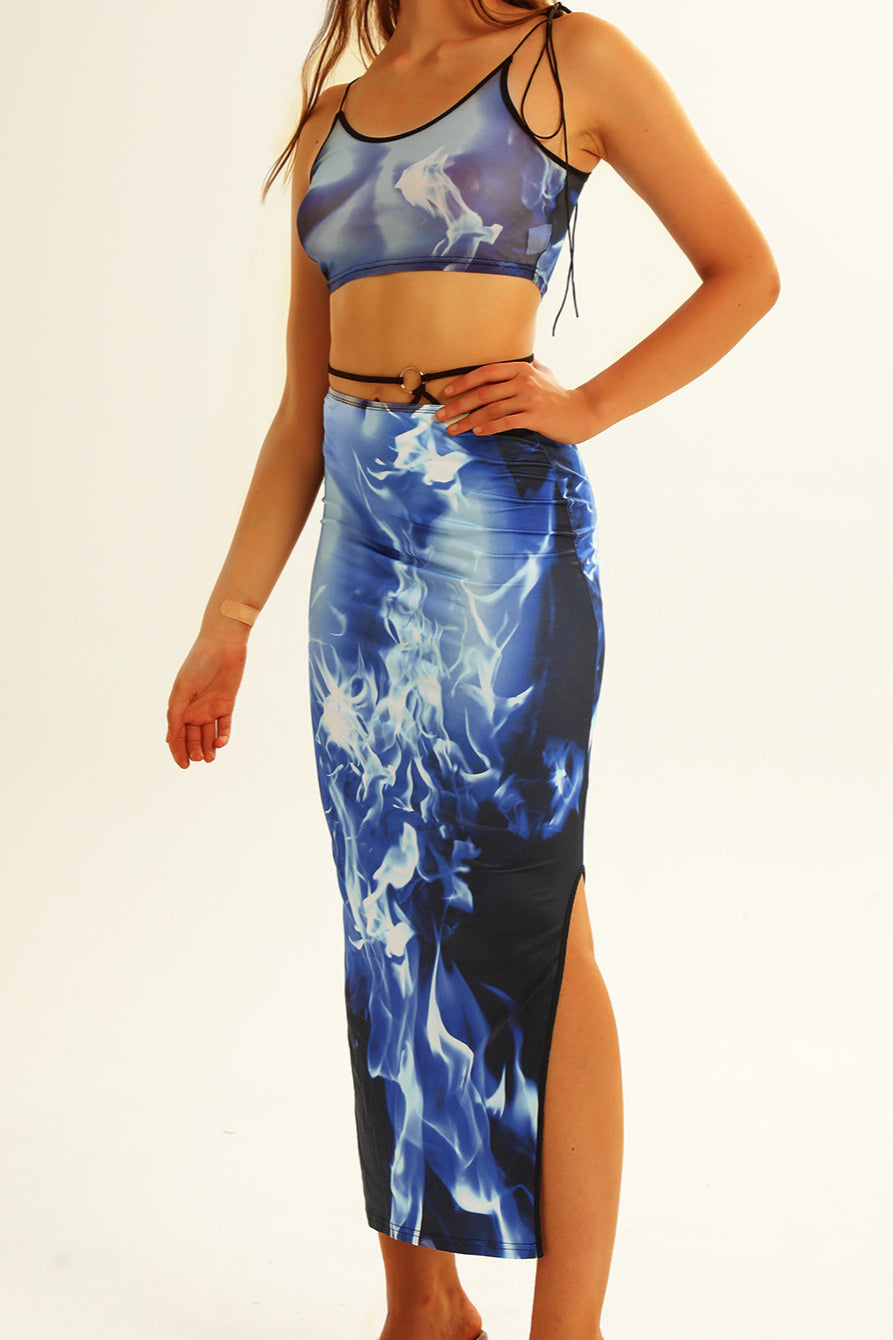Flame Print Cami Top Hollow Bodycon Skirt Two Pieces Set