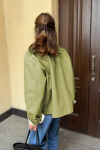 Loose Fit Green Leather Pilot Jacket