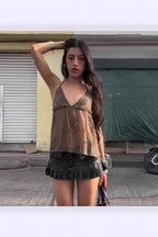 Embroidered Mesh Tank Top with Rhinestones