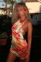 Backless Satin Halter Floral Dress