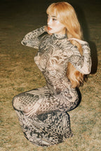 Sheer Floral Mesh High Neck Bodycon Dress