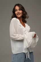 Solid V-Neck Ruffled Flare Sleeve Blouse