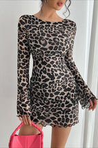 Leopard Mesh Backless Flare Sleeve Mini Dress