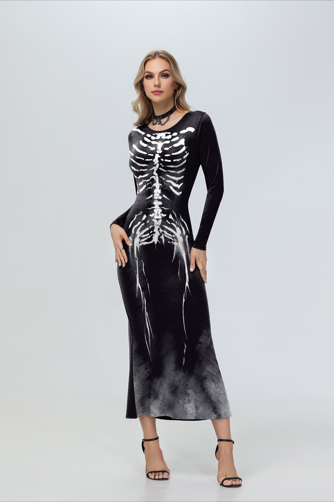 Trendy Skeleton Digital Print Long Sleeve Maxi Dress