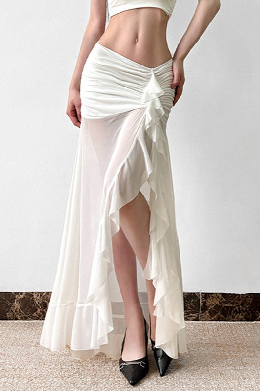 Mesh Panel Ruffle Tie Detail Maxi Skirt