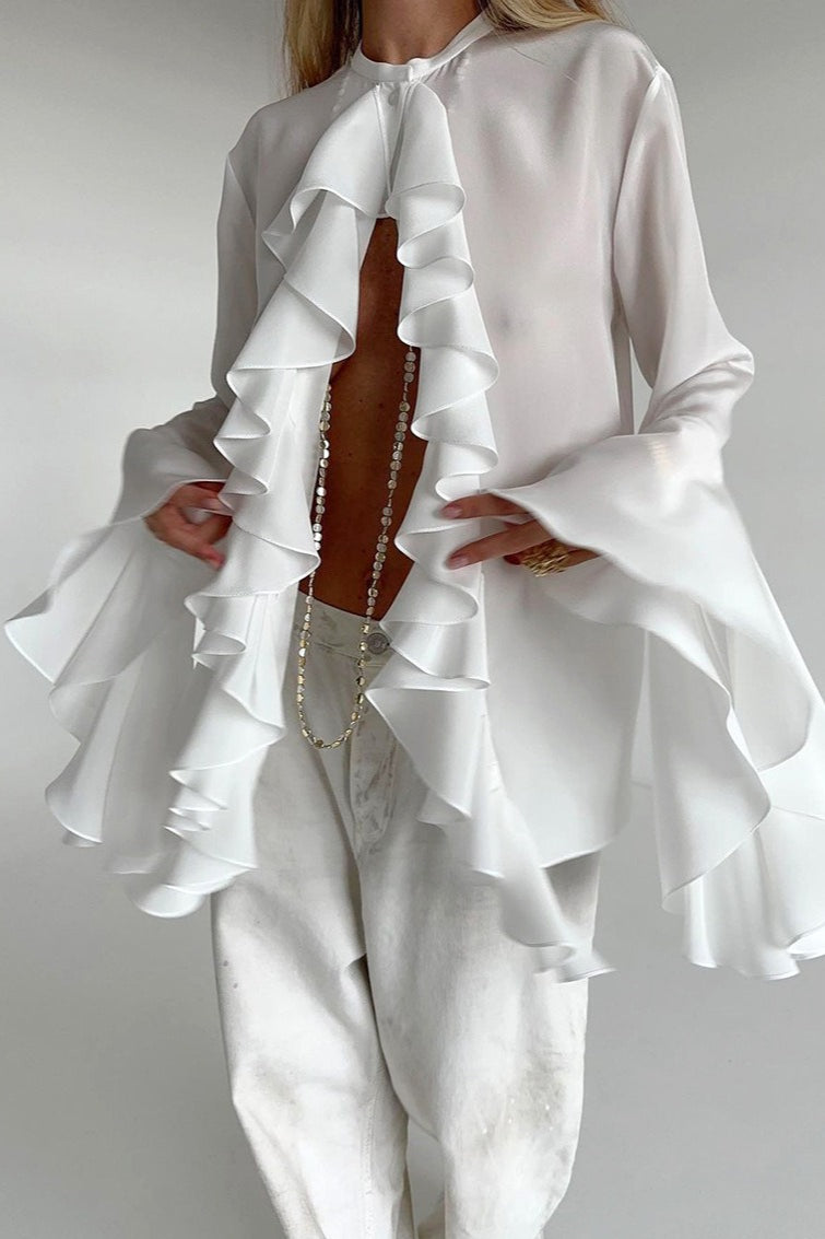 Elegant Ruffle Trim Button Blouse