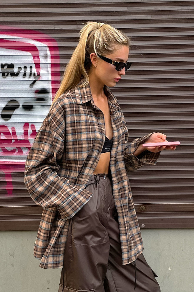 Vintage Plaid Longline Loose Fit Blouse
