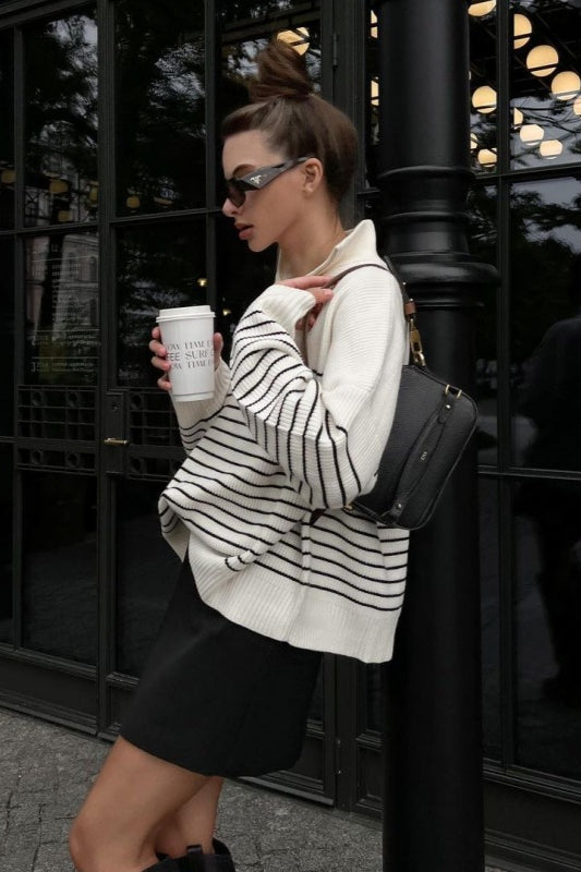 Striped Zip-Front Polo Knit Sweater