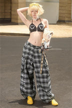 Vintage Plaid Wide Leg Cargo Pants