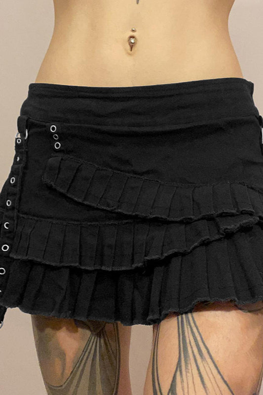 Irregular Denim Pleated Buckle Skirt