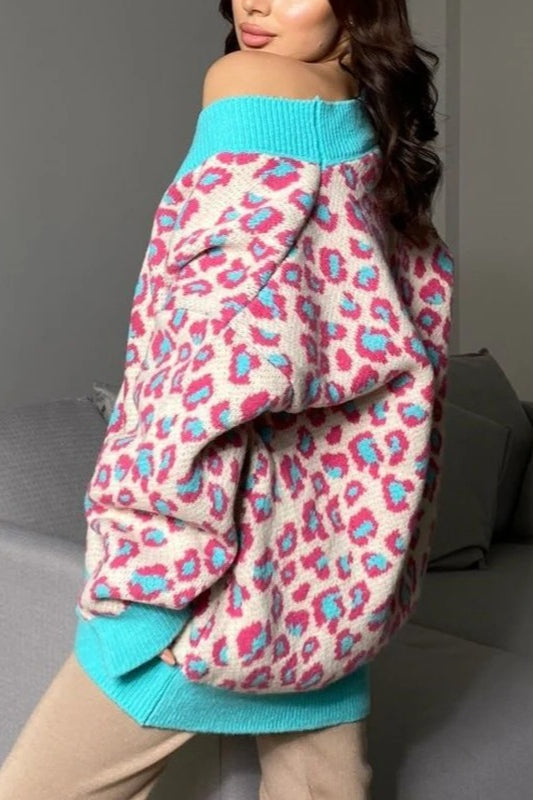 Leopard Print Knitted Long Sleeve Cardigan