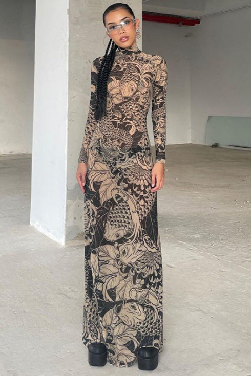 Sheer Floral Mesh High Neck Bodycon Dress