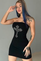 Sexy Rhinestone Cross Strapless Bodycon Mini Dress