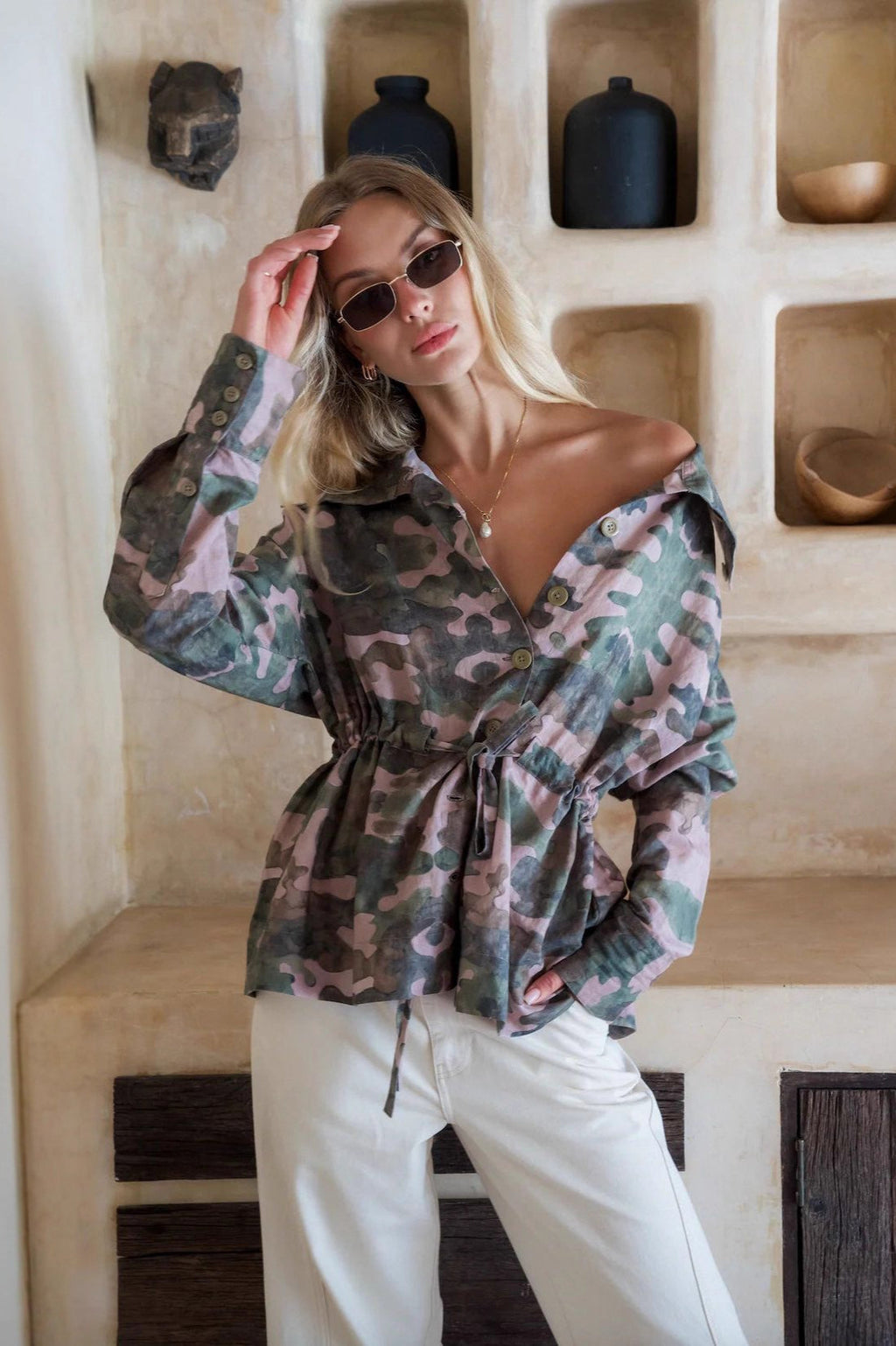 Camouflage Print Long Sleeve Blouse