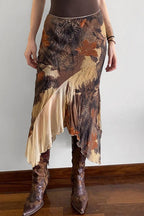 Color-Blocked Floral Print Bodycon Midi Skirt