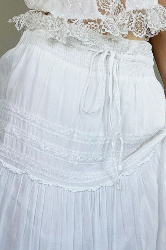 Drawstring Waist White Maxi Skirt