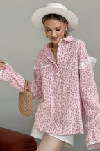 Elegant Leopard Print Cotton Long Sleeve Blouse