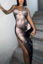 Sexy Backless Slit Water Droplet Print Sleeveless Maxi Dress