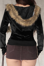 Faux Fur Velvet Zip Up Hoodie