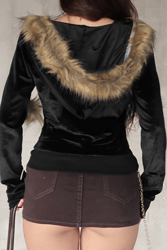 Faux Fur Velvet Zip Up Hoodie