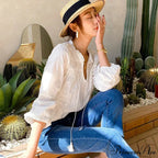 Fabric Flower Stitching Ivory Lace V-Neck Bohemian Top