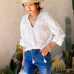 Fabric Flower Stitching Ivory Lace V-Neck Bohemian Top