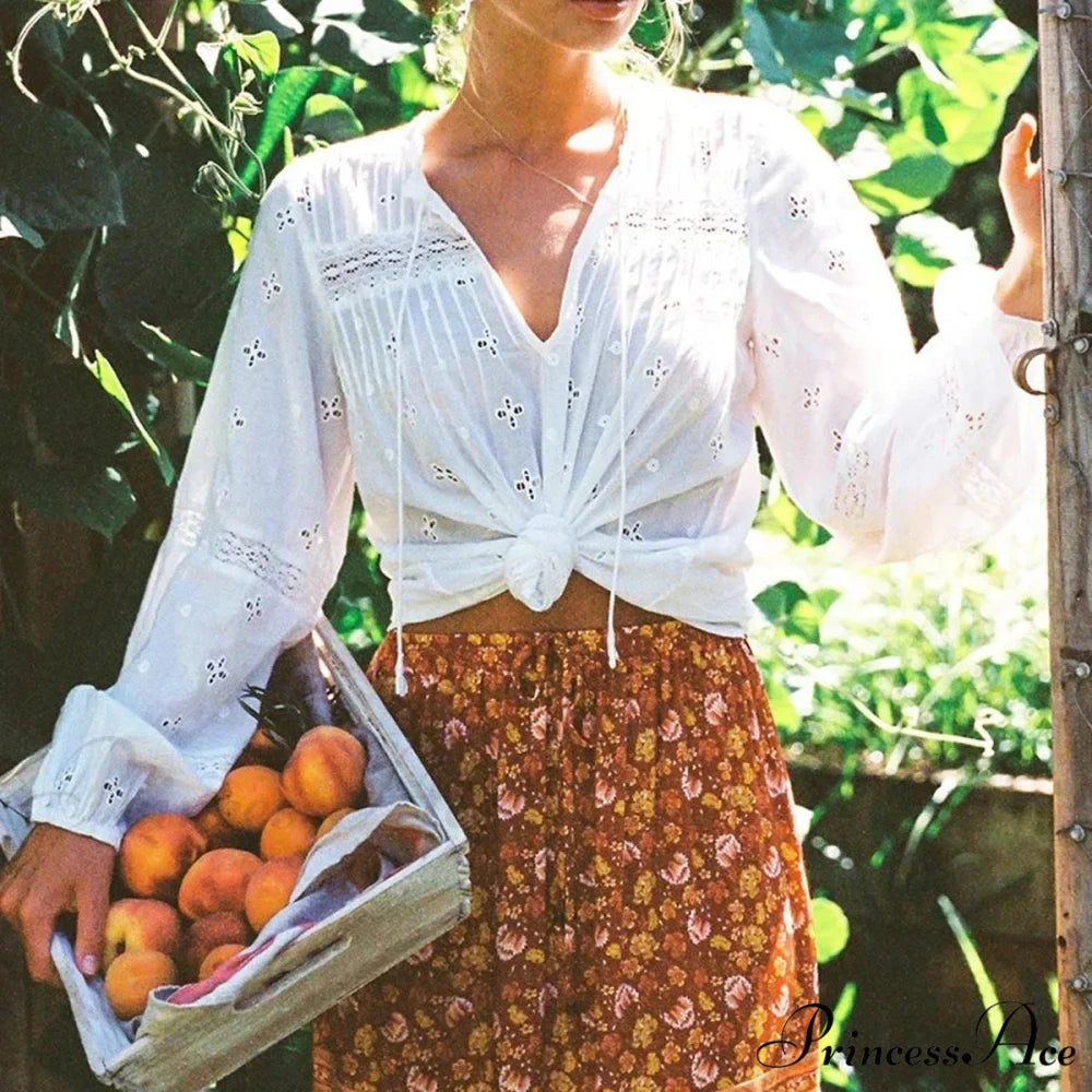 Fabric Flower Stitching Ivory Lace V-Neck Bohemian Top