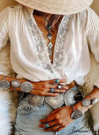 Fabric Flower Stitching Ivory Lace V-Neck Bohemian Top