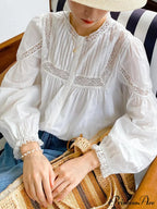 Fabric Flower Stitching Ivory Lace V-Neck Bohemian Top