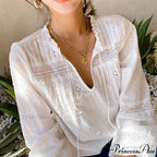 Fabric Flower Stitching Ivory Lace V-Neck Bohemian Top