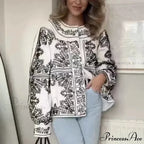 Fabric Flowery Stitch Lantern Sleeve Boho Jacket