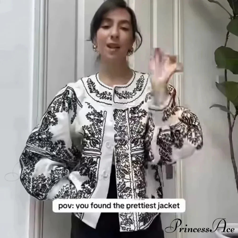 Fabric Flowery Stitch Lantern Sleeve Boho Jacket