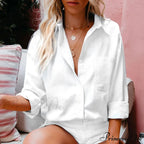 Fabric Linen Extended Sleeve Button-up Workplace Blouse