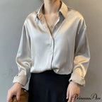 Fall Button Up Silk Retro Ivory Blouse