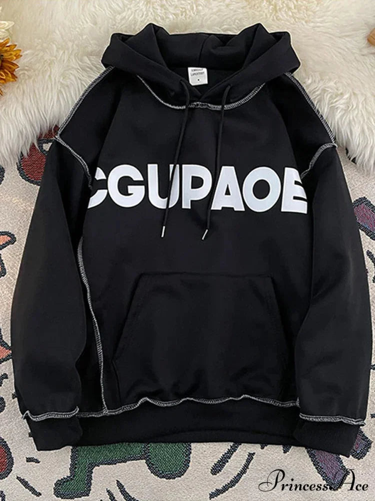 Fall Correspondence Print Baggy Fleece Hoodie